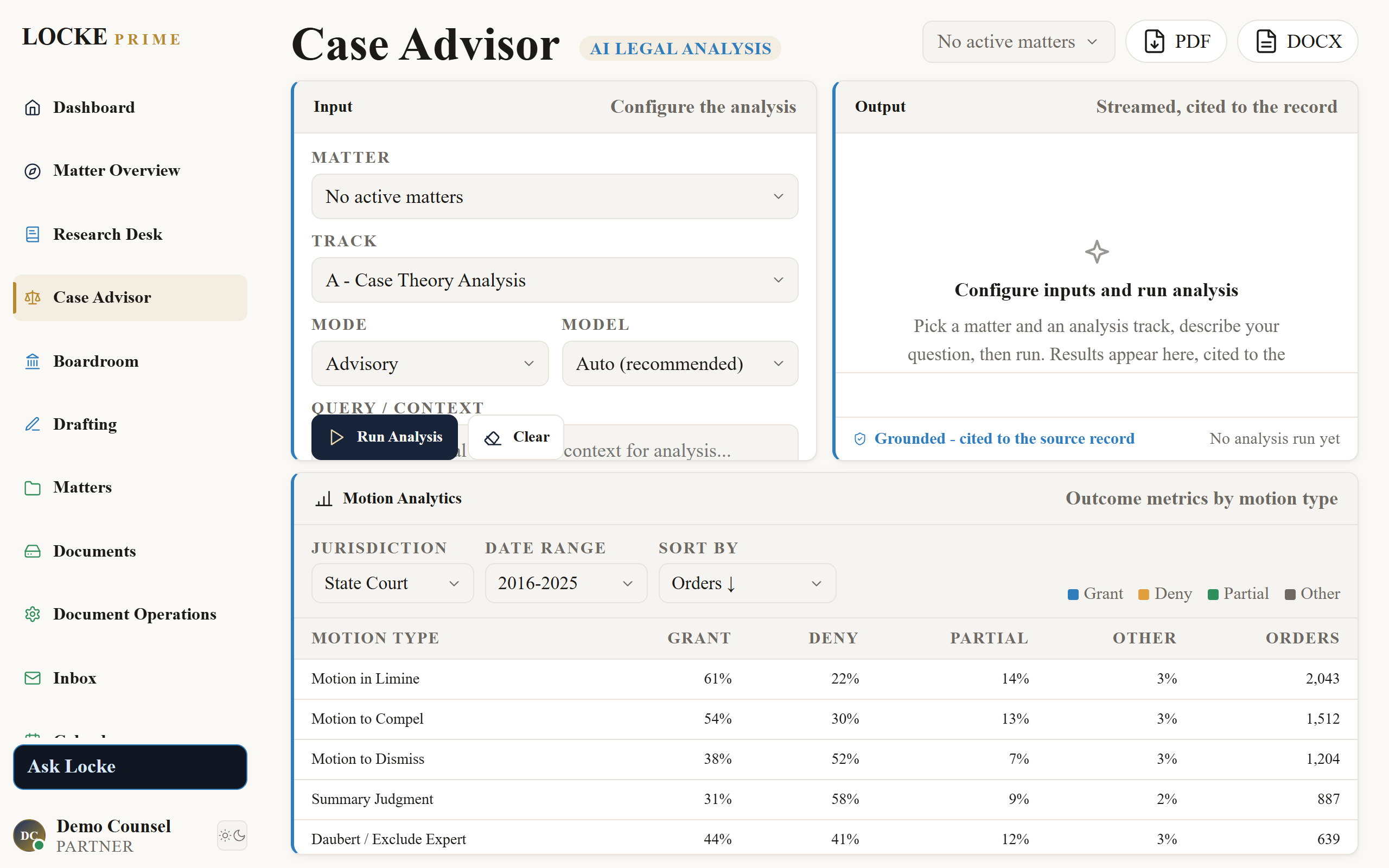 Case Advisor with grounded analysis and export controls