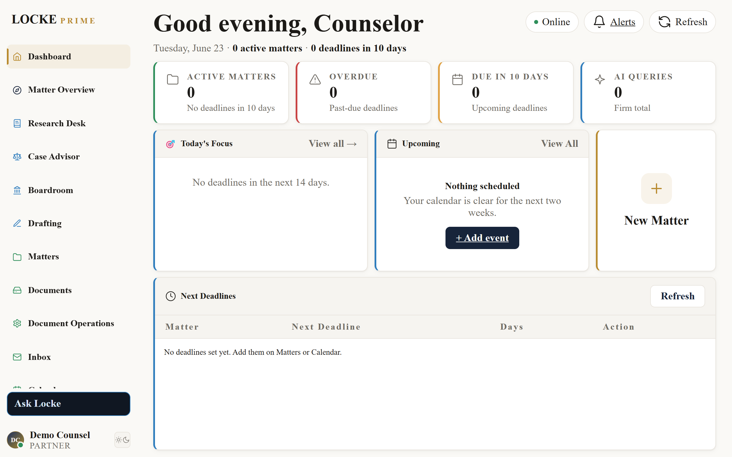 Locke Prime dashboard showing matter command center, deadlines, and quick actions