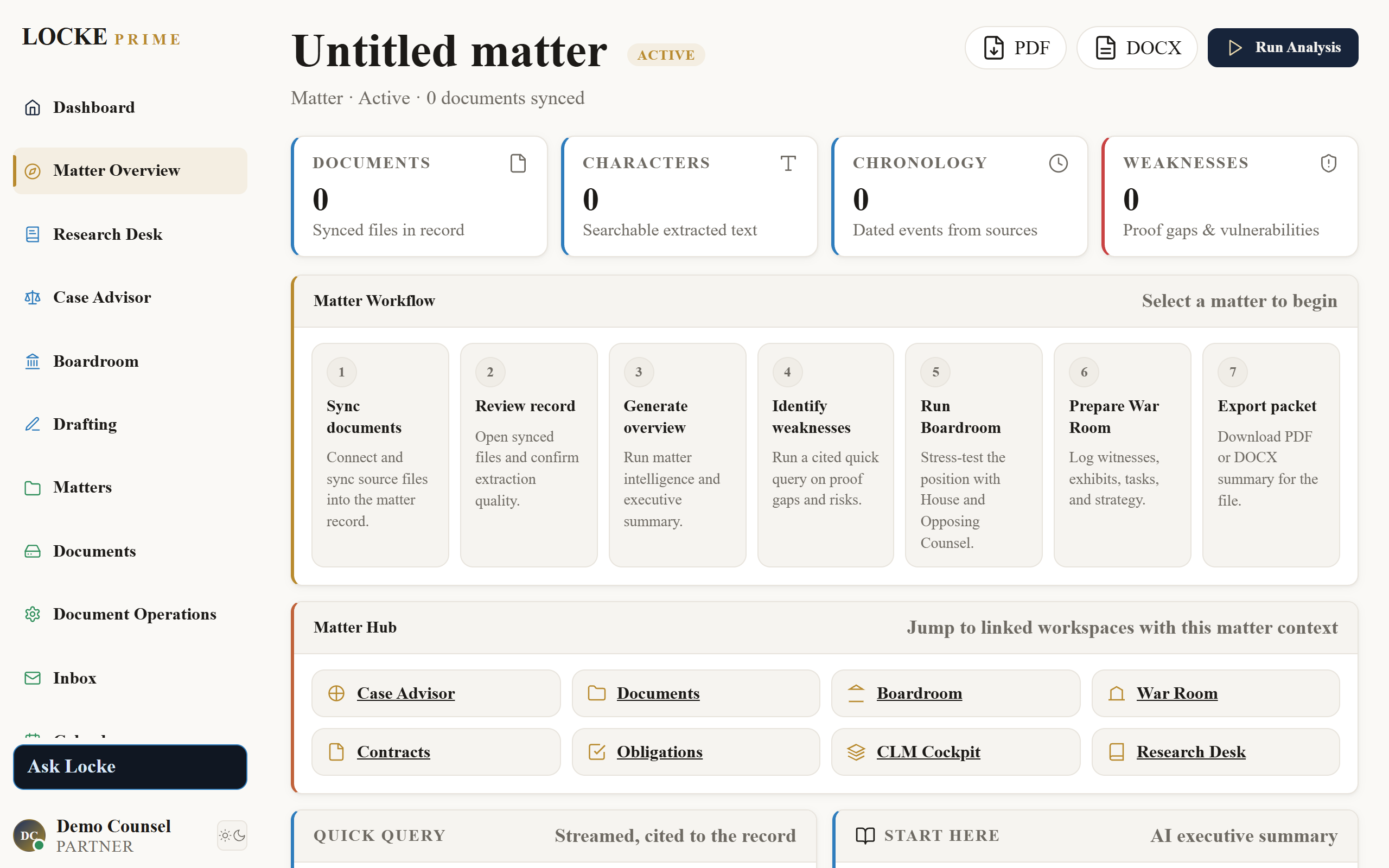 Matter Overview with document table and AI summary